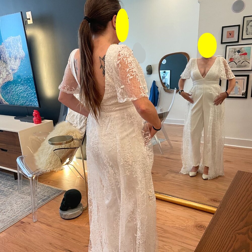 Lulus Immaculate Love White Mesh Embroidered Cape Jumpsuit - Size S